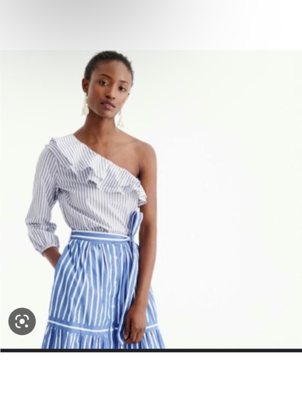 J. Crew Blue and White Striped Off-Shoulder Ruffle Blouse